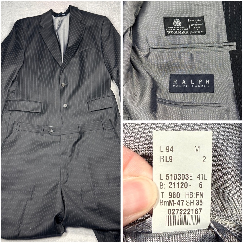 Ralph Lauren Mens Pinstripe Suit Jacket and Pants Set Black Gray